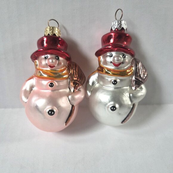Vintage Christopher Radko Glass Ornaments Littlest Snowman Pink Silver Set of 2 - Picture 2 of 8
